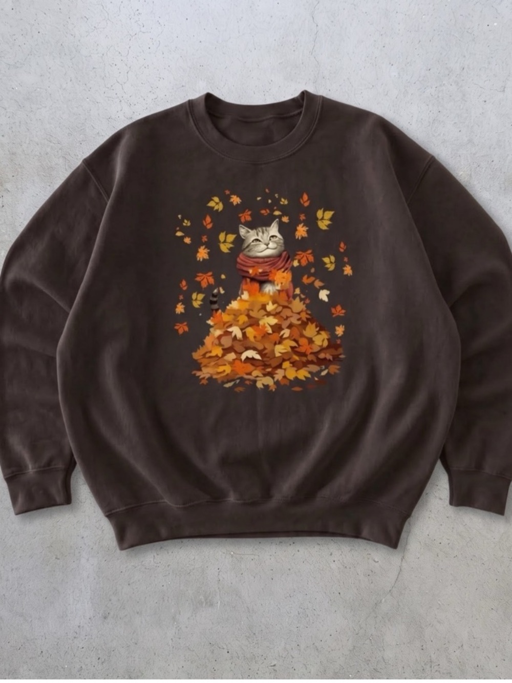 Brown Autumn Cat and Leaf Pile Graphic Sweatshirt